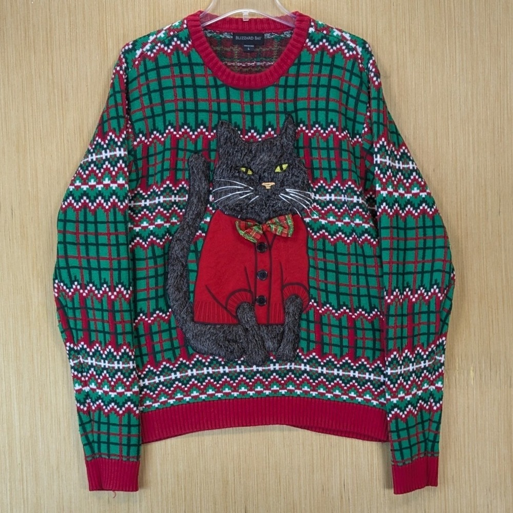 Blizzard Bay Mens Ugly Christmas Sweater Large Cat in‎ Cardigan Plaid Green Red
